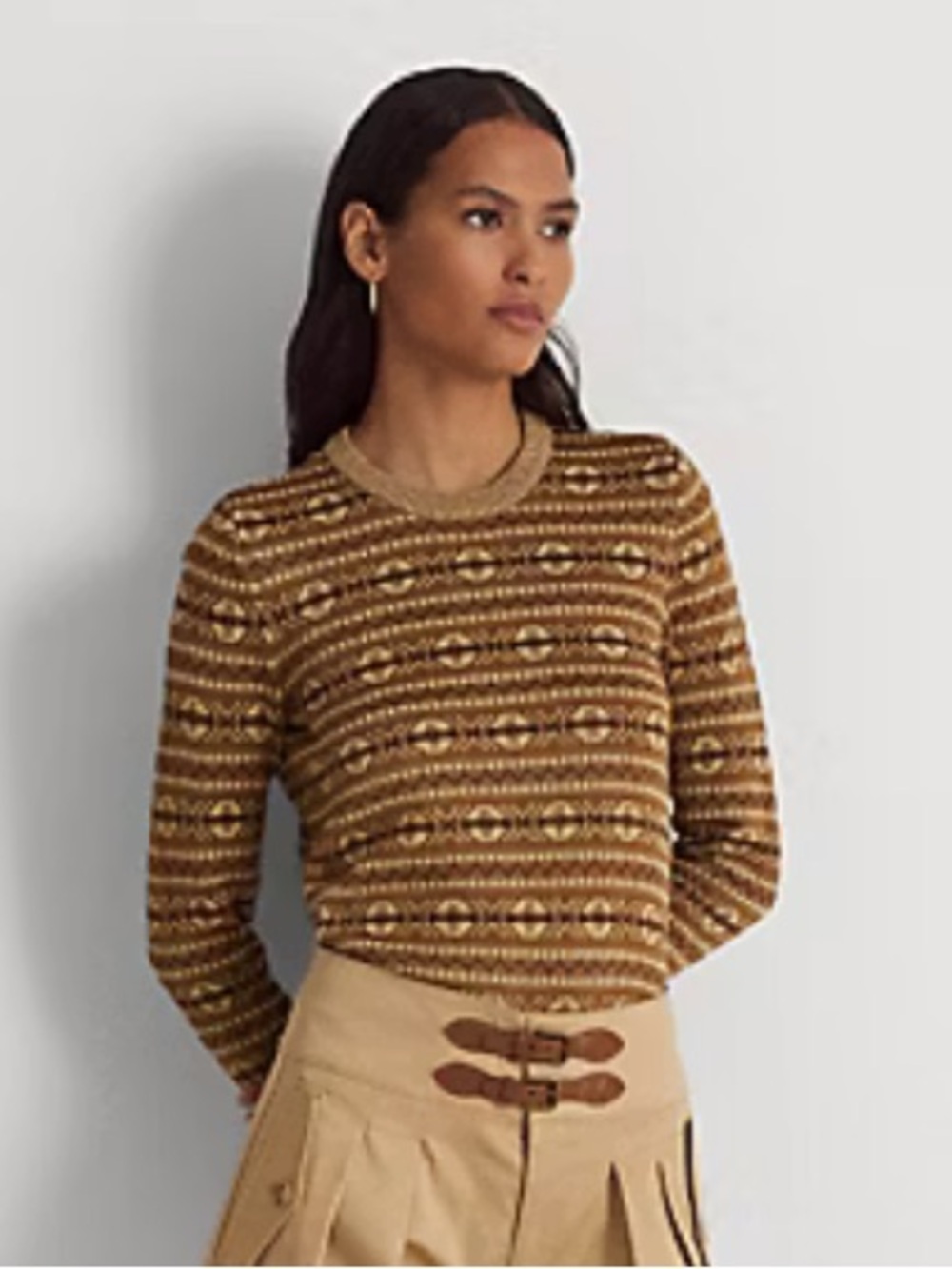 Lauren Ralph Lauren Metallic Fair Isle Crewneck Sweater in Brown & Cream | Sz L